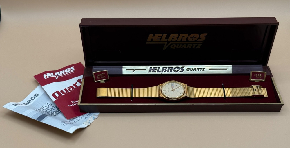 ⌚ Helbros Quartz Day Date Watch Gold Tone Vintage w/ Box Needs Battery